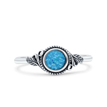 Filigree Petite Dainty Round Lab Created Blue Opal Promise Ring Band Oxidized 925 Sterling Silver